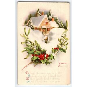 Vintage 1924 Christmas Snowy Cottage & Holly Postcard with Poem